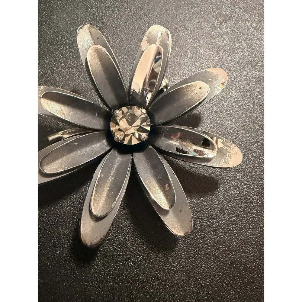 Signed CORO Flower Gray Matte Enamel Rhinestone Silver Tone Brooch